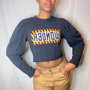 Black cropped puff sleeve graphic printed sequin sweater